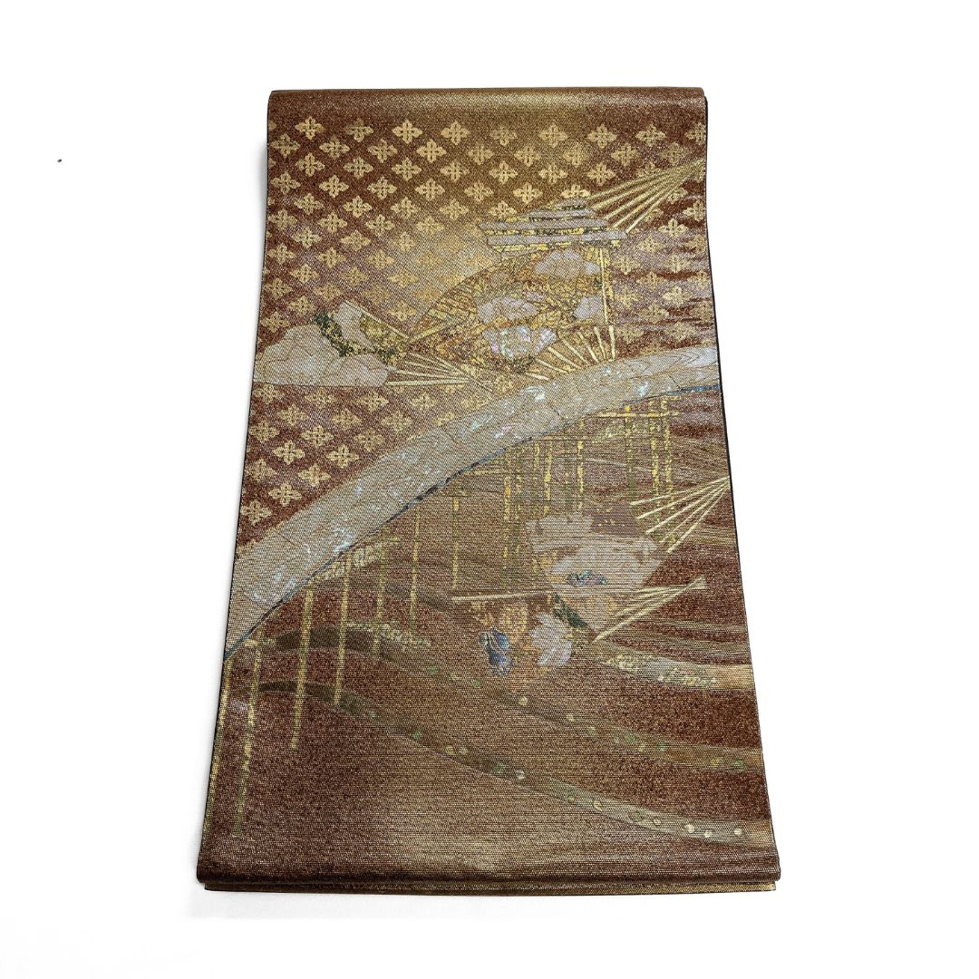 袋帯 螺鈿 八ツ橋 扇 矢羽 花菱 たたき染 着物 115 b d ms