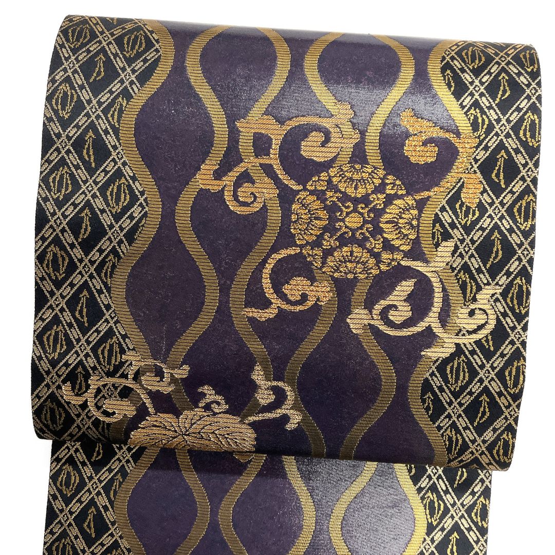 未着用　袋帯　藍染　花菱　縦縞　立涌　リーフ　ブルー　着物　115a d 袋帯 華紋 蔦 唐草 立涌 格子 着物 115b d ms - メルカリ