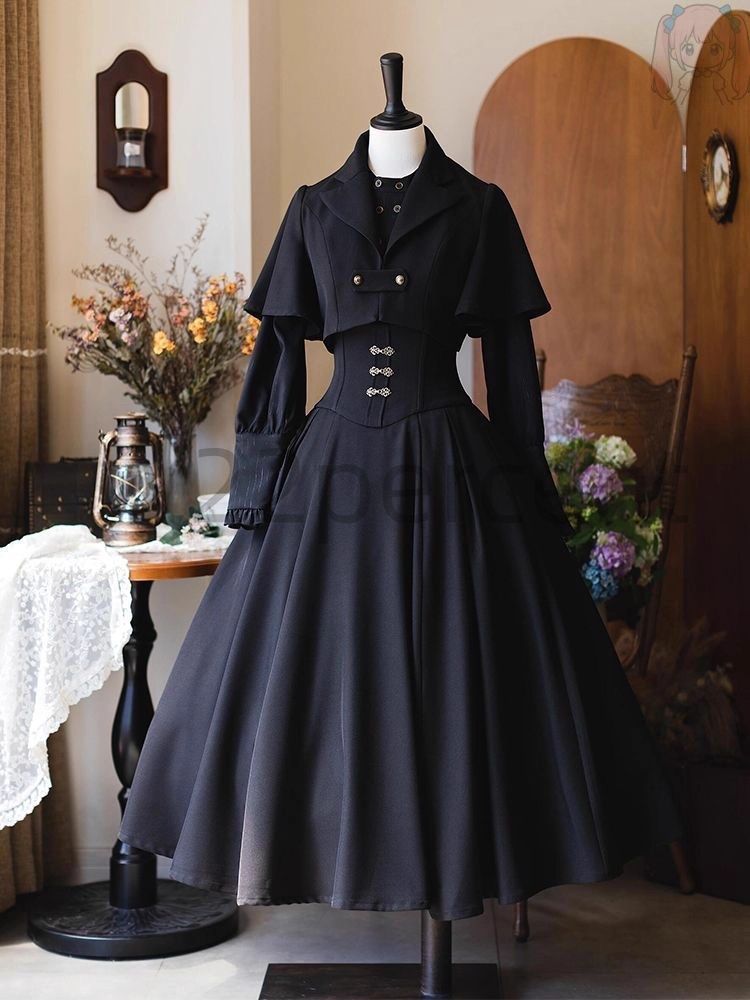秋冬 ゴシックロリータ デザイン性 ケープ ブラウス ワンピース 3点セット 通勤 おしゃれ フォーマル パーティー イベント 特別な日 ミステリアス 個性的 上品 大人