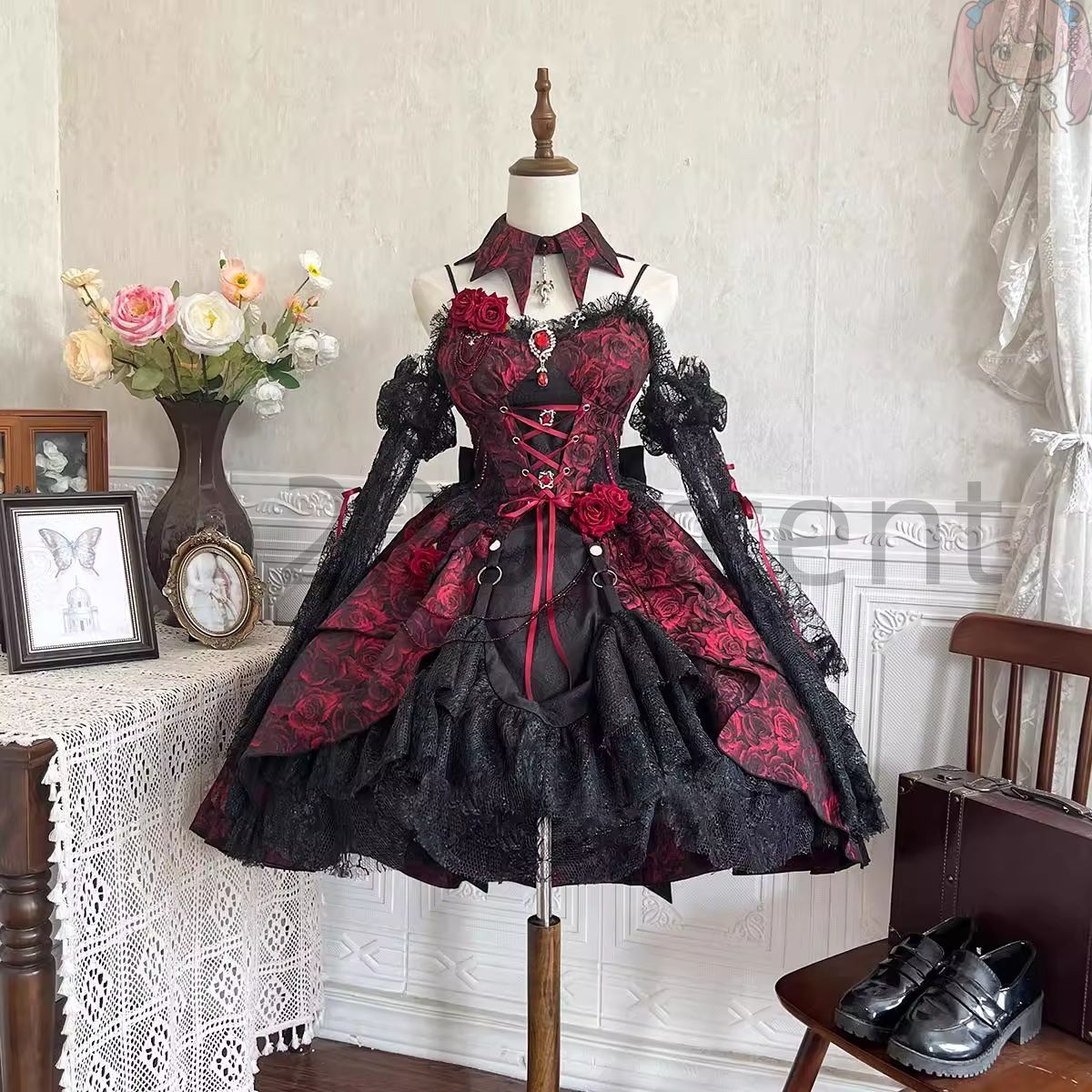 黒赤 ゴシック ワンピース ピュアセクシー ロリータ 甘クール プリンセスドレス おしゃれ フォーマル パーティー イベント 特別な日 ミステリアス 個性的 上品 大人可愛い