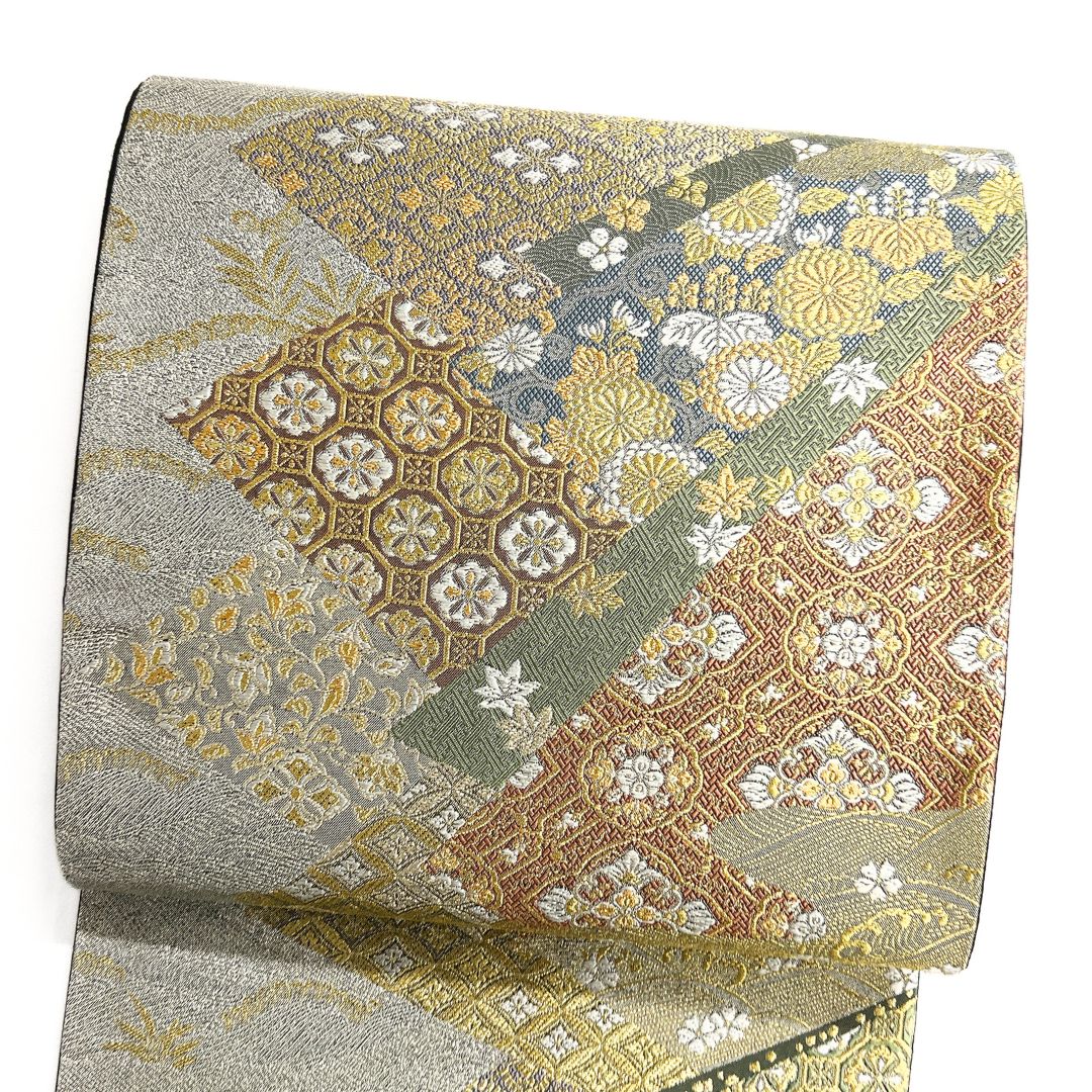 袋帯 裂取り 華紋 花菱 蜀江紋 唐草花 桐の花 七宝 波 着物 115b d ms