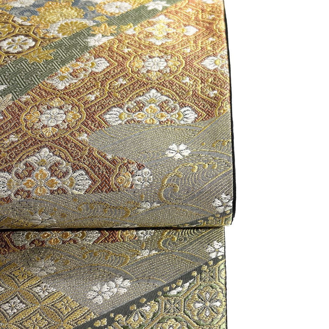 未着用　袋帯　横縞　七宝　華紋　花模様　ホワイト　グレー　着物　115a d 未着用袋帯横縞七宝華紋花模様ホワイトグレー着物115a d