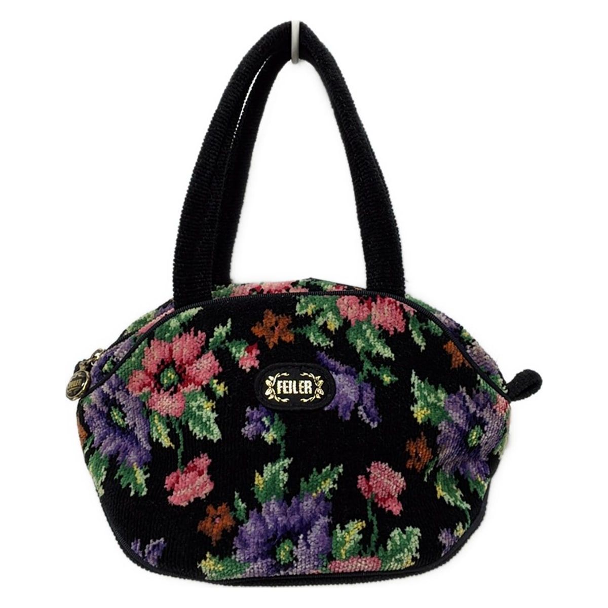 FEILER(フェイラー) ハンドバッグ - 黒×パープル×マルチ 花柄 - メルカリ