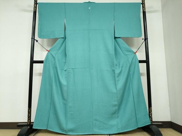 平和屋着物 上質な色無地 枝葉南天地紋 花緑青色 正絹 ud