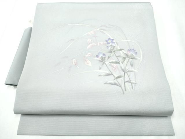 平和屋着物 塩瀬 つけ帯 作家物 手描き 枝花文 銀通し地 正絹 hy