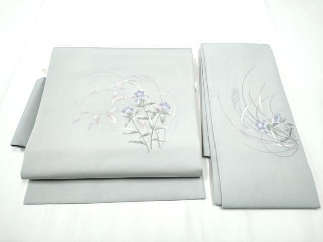 平和屋着物●塩瀬 つけ帯 作家物 手描き 枝花文 銀通し地 正絹 hy