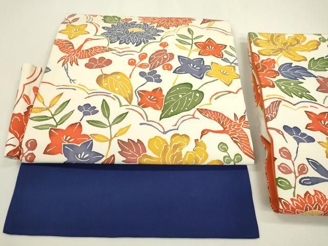 平和屋着物●塩瀬 つけ帯 型染 飛鶴花文 正絹 fe