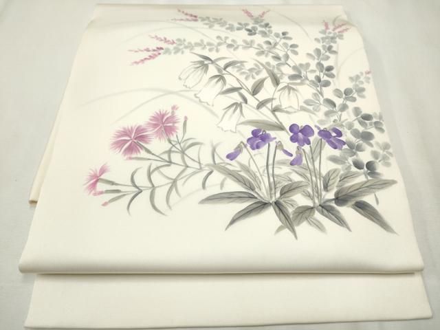 平和屋着物 塩瀬 つけ帯 作家物 手描き 草花文 正絹 hy