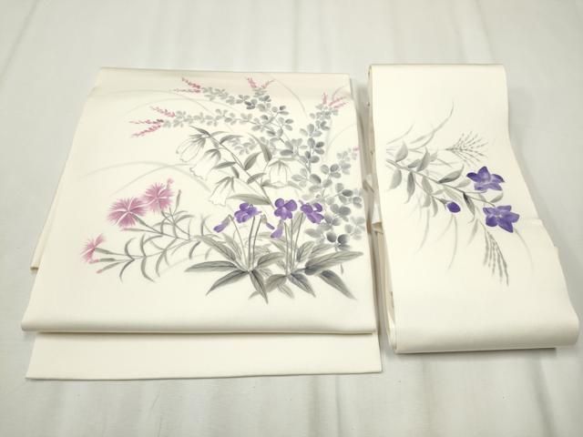平和屋着物 塩瀬 つけ帯 作家物 手描き 草花文 正絹 hy