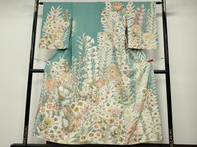 平和屋着物●アンティーク 大正ロマン 訪問着 刺繍 更紗花文 金彩 正絹 ut