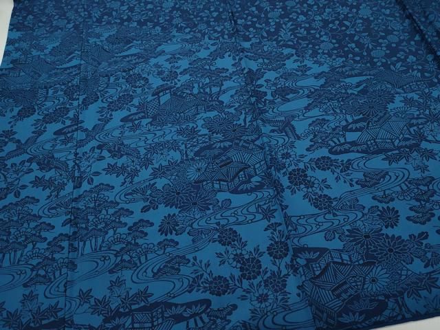 平和屋着物○訪問着 藍 型染め 風景花鳥唐草文 正絹 逸品 CABA6118vf