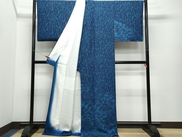 平和屋着物●訪問着　藍　型染め　風景花鳥唐草文　正絹　逸品　CABA6118vf 平和屋着物○訪問着 藍 型染め 風景花鳥唐草文 正絹 逸品 CABA6118vf