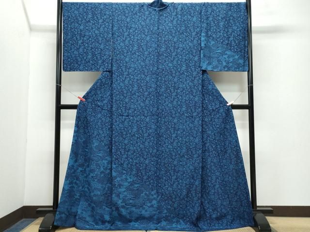 平和屋着物●訪問着　藍　型染め　風景花鳥唐草文　正絹　逸品　CABA6118vf 平和屋着物○訪問着 藍 型染め 風景花鳥唐草文 正絹 逸品 CABA6118vf