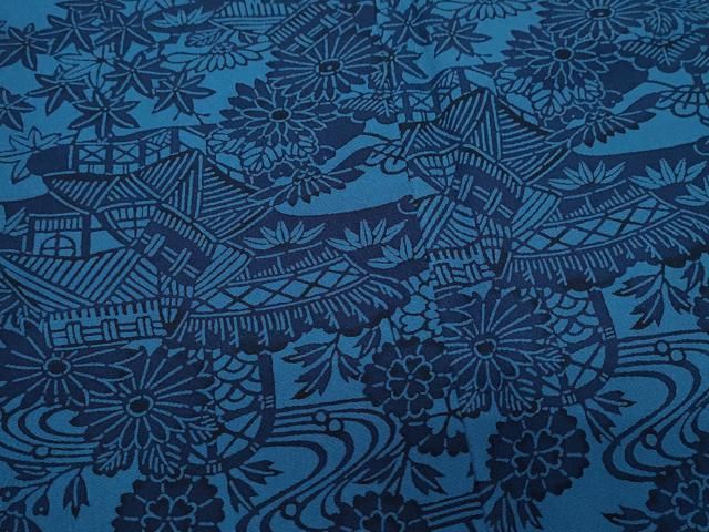 平和屋着物○訪問着 藍 型染め 風景花鳥唐草文 正絹 逸品 CABA6118vf