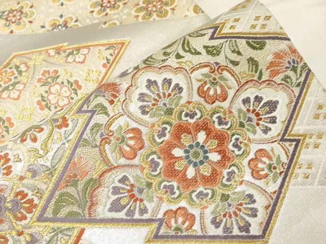 平和屋着物○六通柄袋帯 松皮菱正倉院華紋 金銀糸 正絹 逸品 未使用