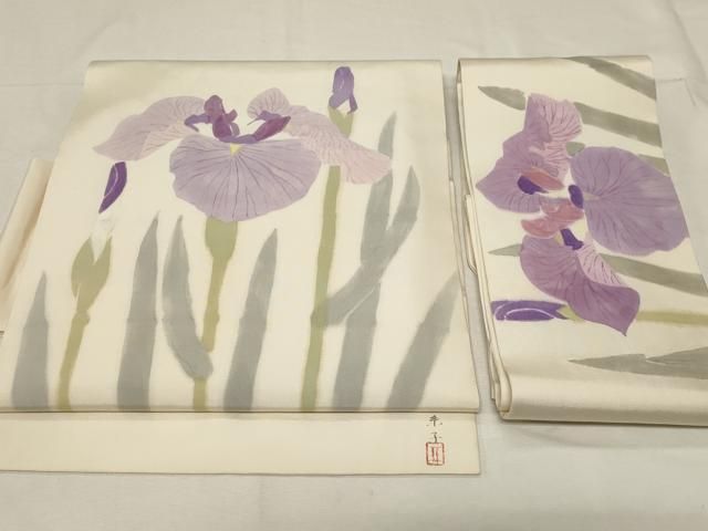 平和屋着物●塩瀬 つけ帯 作家物 手描き あやめ 正絹 dy