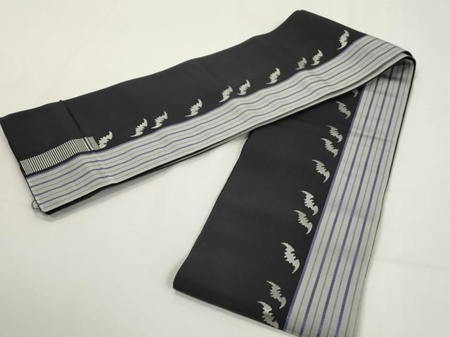 平和屋着物 本場筑前博多織 半幅帯 コウモリ 黒色 西村織物謹製 博多織金ラベル 証紙付き 正絹 dy