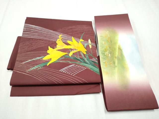 平和屋着物●塩瀬 つけ帯 手描き 草花文 金銀彩 正絹 hy