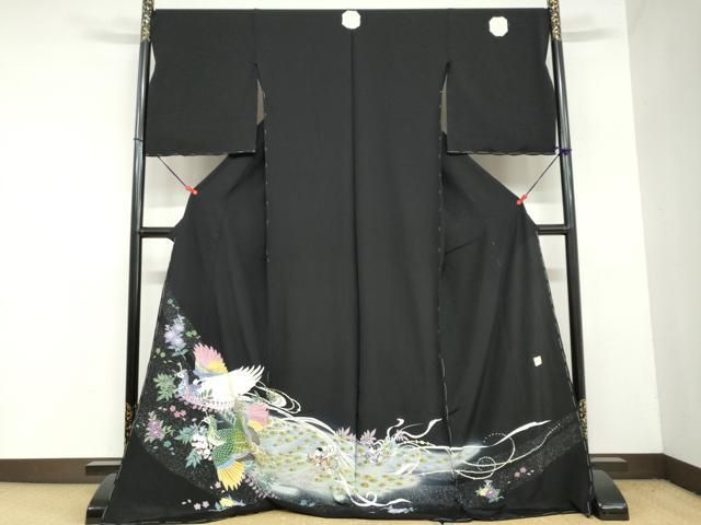 平和屋着物 豪華黒留袖 孔雀天女草花文 暈し染め 仮絵羽 正絹 ud