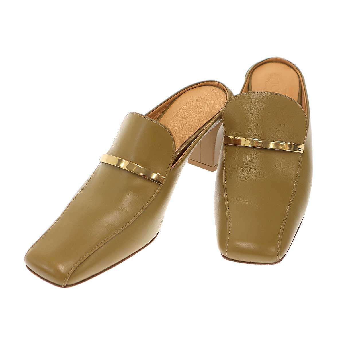 TOD’S トッズ Cuoio スクエアトゥミュールシューズ カーキ 36