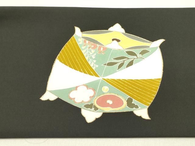 平和屋着物●塩瀬　九寸名古屋帯　糸車花文　黒地　金彩　正絹　逸品　DAAZ2810op 平和屋着物○塩瀬 九寸名古屋帯 糸車花文 黒地 金彩 正絹 逸品