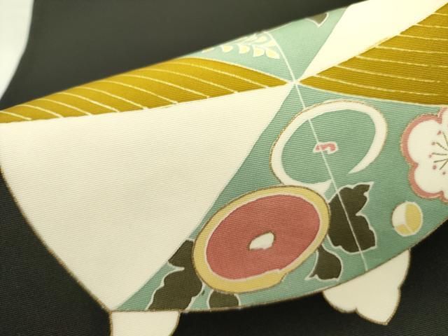 平和屋着物○塩瀬 九寸名古屋帯 糸車花文 黒地 金彩 正絹 逸品