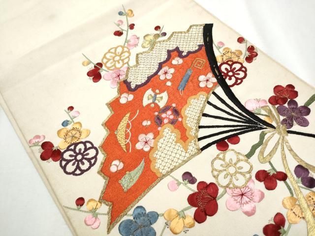 平和屋着物 アンティーク 大正ロマン 太鼓柄袋帯 総手刺繍 宝尽くし扇面花文 金糸 正絹 hy