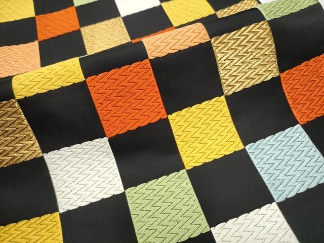 袋帯 六通 洒落袋 幾何変 市松文様 金糸 チェック柄 袋帯 六通 洒落袋 幾何変 市松文様 金糸 チェック柄 振袖用に☆