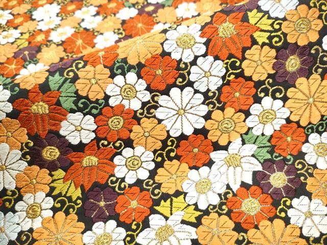 平和屋着物○西陣 河合美術織物謹製 六通柄袋帯 唐織 花唐草文 黒地