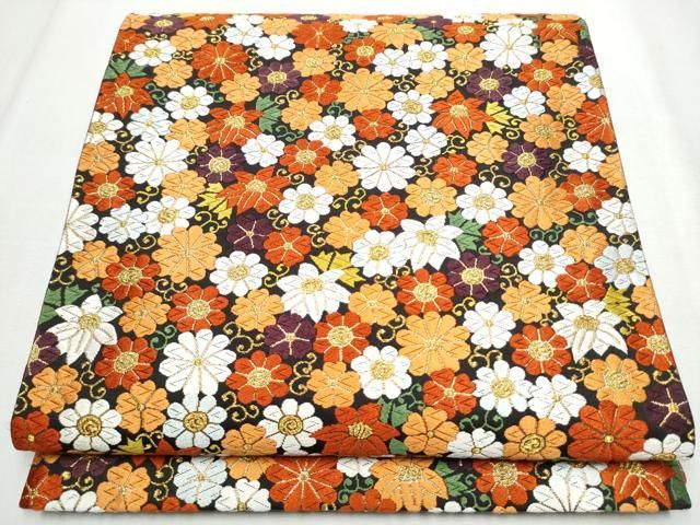 平和屋着物○西陣 河合美術織物謹製 六通柄袋帯 唐織 花唐草文 黒地