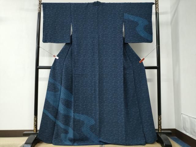 平和屋着物○訪問着 藍 型染め 道長鳳凰吉祥草花文 鬼しぼ縮緬 正絹