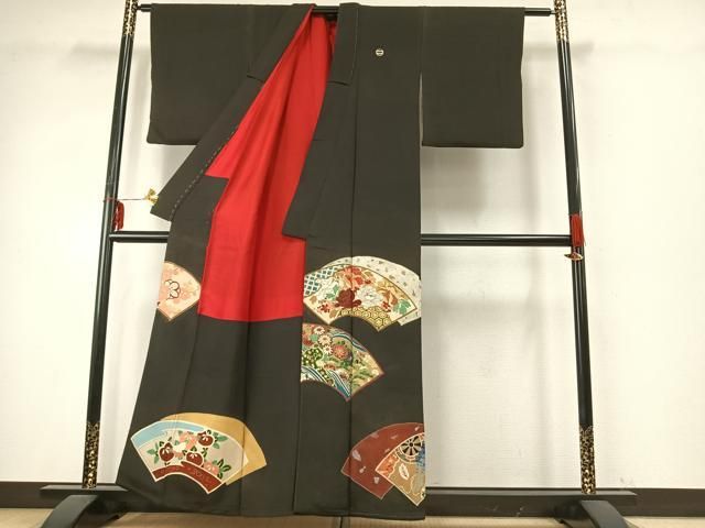 平和屋着物 アンティーク 大正ロマン 黒留袖 地紙花文 金銀彩 正絹 fy