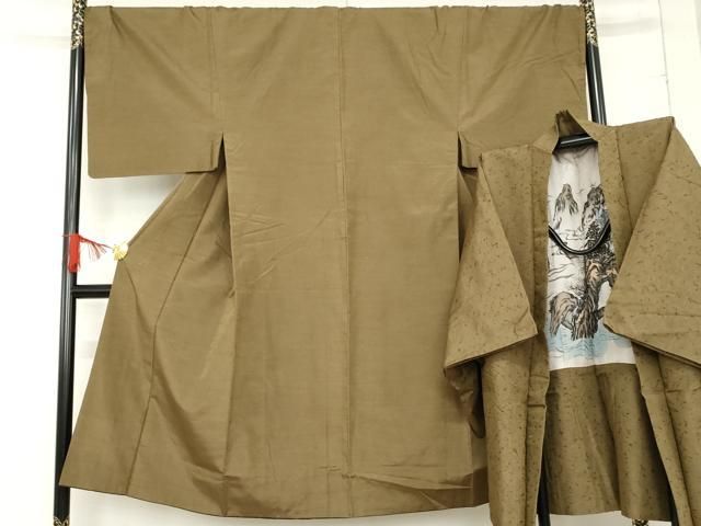 平和屋着物●男性 紬 アンサンブル 色無地 空五倍子色 正絹 cs