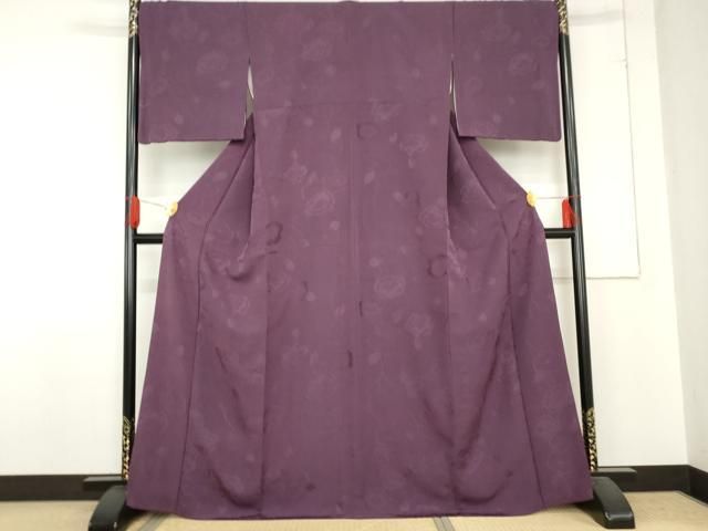 平和屋着物 上質な色無地 草花地紋 葡萄色 正絹 cs