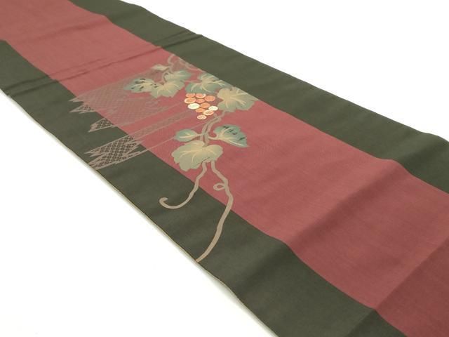 平和屋着物○太鼓柄袋帯 駒刺繍 葡萄蔦の葉文 黒地 金彩 正絹 割引