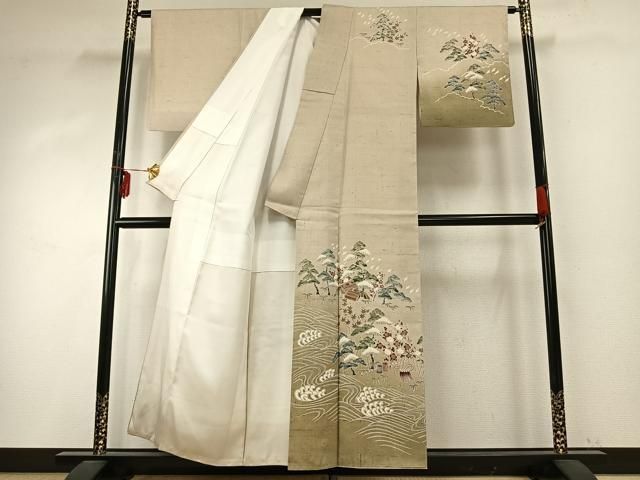 平和屋着物○訪問着 紬地 友禅 風景立波文 正絹 逸品 AABD8619fy