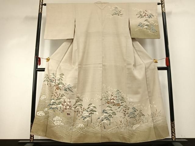 平和屋着物○訪問着 紬地 友禅 風景立波文 正絹 逸品 AABD8619fy