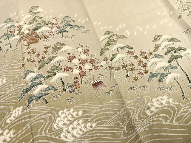 平和屋着物○訪問着 紬地 友禅 風景立波文 正絹 逸品 AABD8619fy