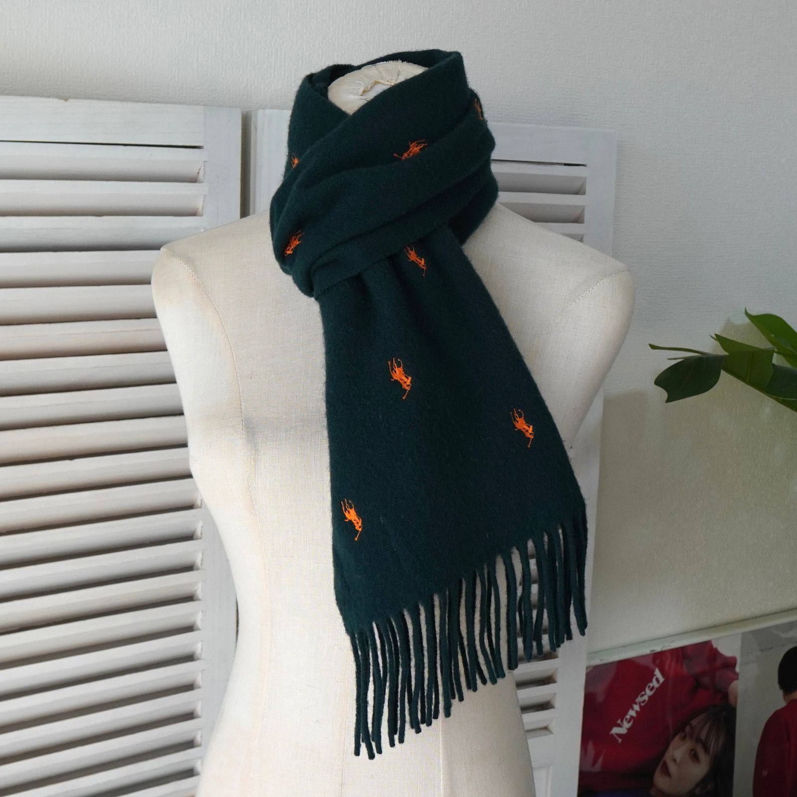 BlackFriday 割引5％オフ ラルフローレン スモールポニー ロゴ 総柄 刺繍 ウール マフラー モスグリーン