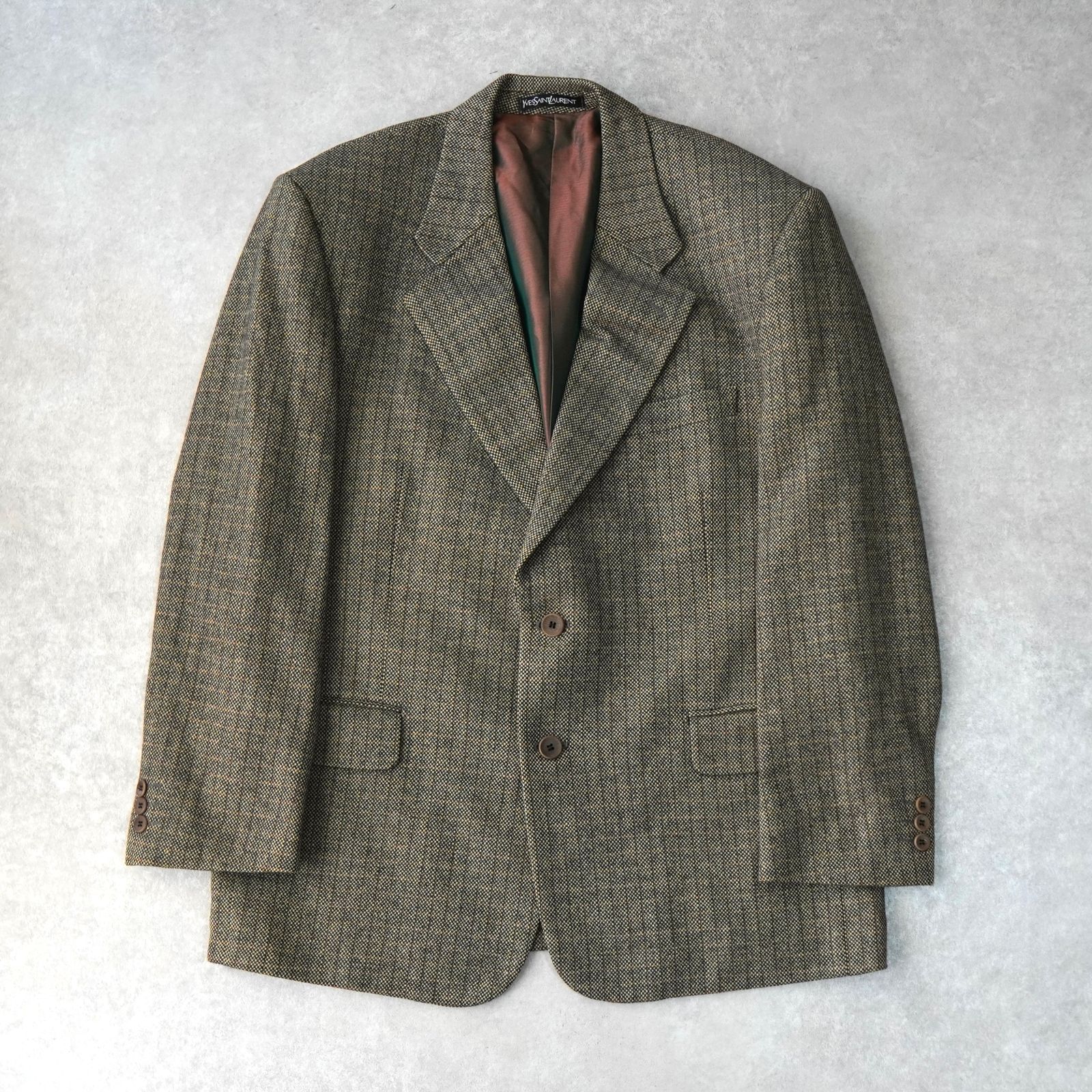 BlackFriday 割引5％オフ イヴサンローラン ヴィンテージ カシミヤ混紡 チェック柄 ツイード シングル テーラードジャケット ブラウン