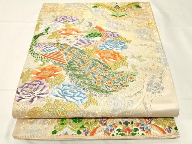 平和屋着物▽六通柄袋帯 唐織 華孔雀 金糸 正絹 逸品 CABA2003dy