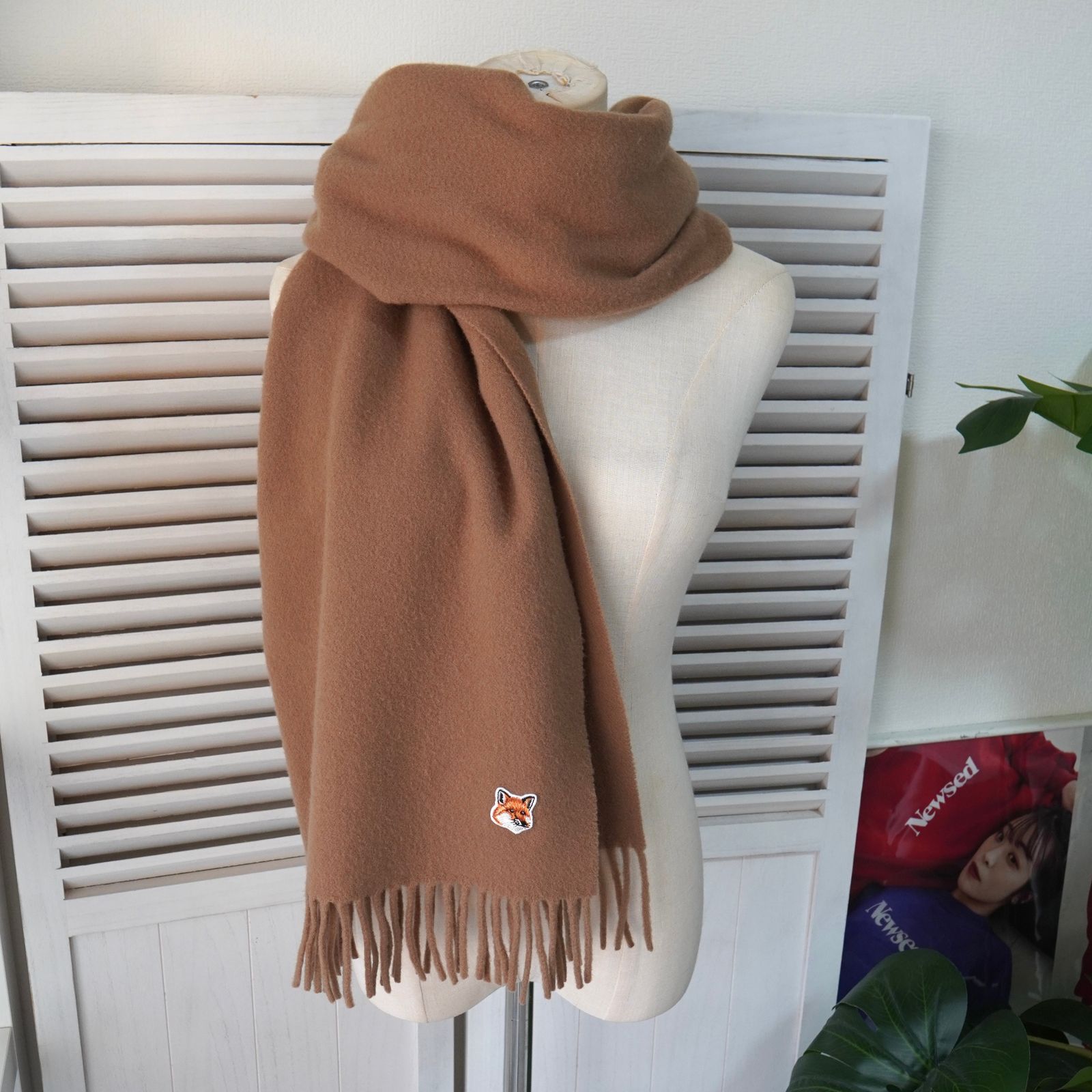 メゾン キツネ フォックスヘッド 大判 ウール マフラー ベージュ