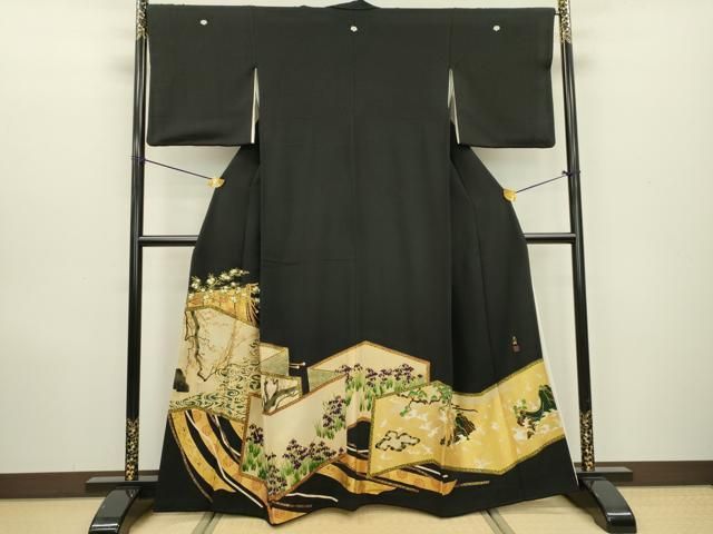 平和屋着物▽松尾光琳 黒留袖 駒刺繍 屏風花文 金彩 正絹 逸品