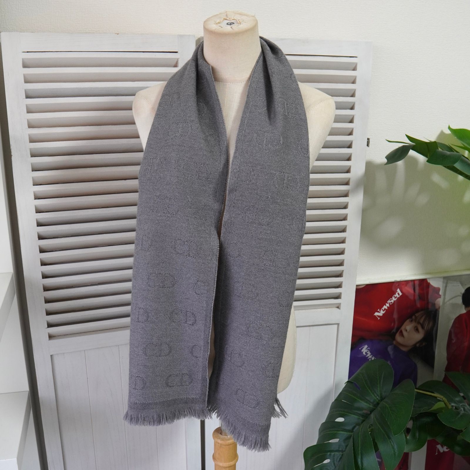 Christian Dior グレー マフラー ウール　シルク　総柄　ストール BlackFriday限定割引5％オフ】ディオール オム CDロゴ 総柄 ウール