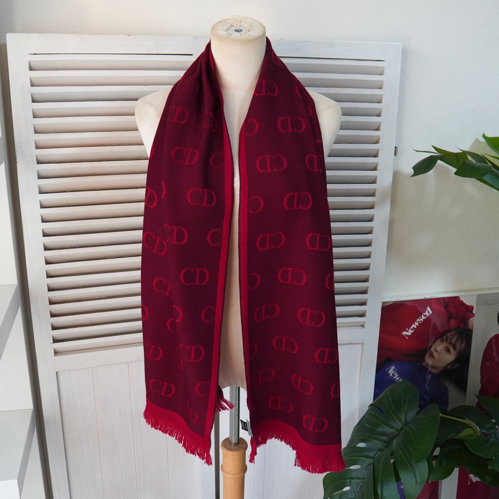 BlackFriday 割引5％オフ ディオール オム CDロゴ 総柄 ウール マフラー レッド | ボルドー