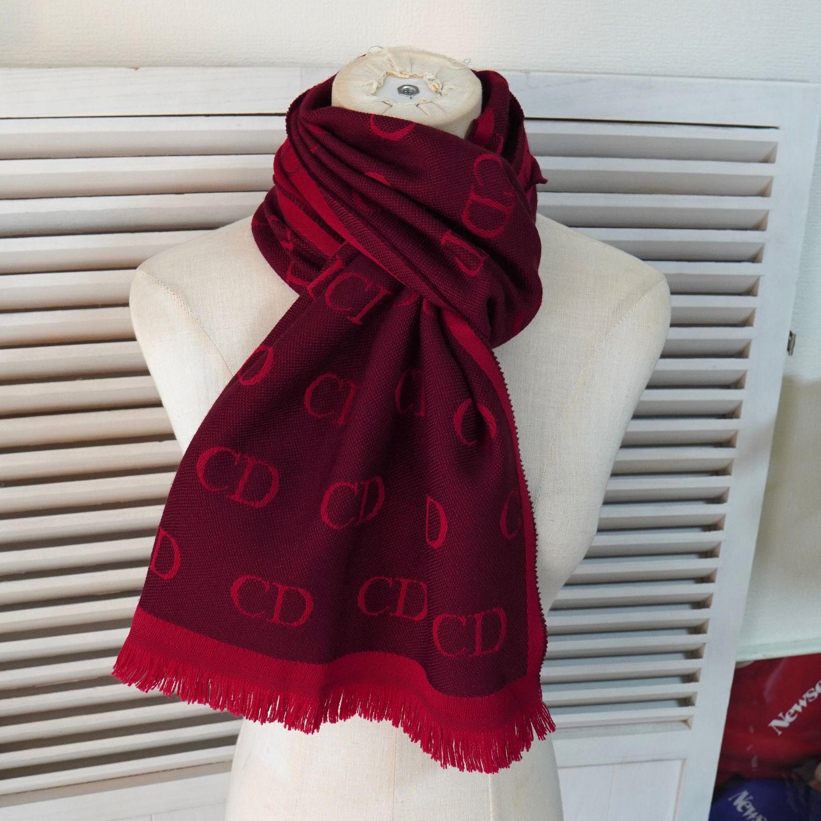 BlackFriday 割引5％オフ ディオール オム CDロゴ 総柄 ウール マフラー レッド | ボルドー