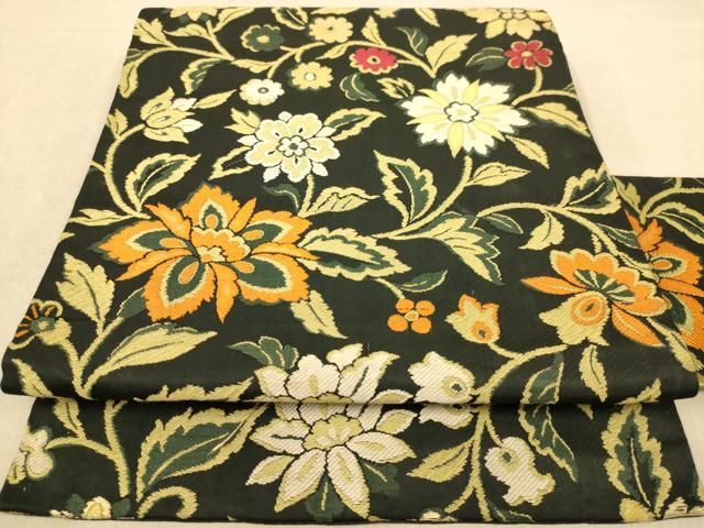 平和屋着物◎九寸名古屋帯 更紗花文 黒地 金糸 正絹 逸品 AABC8526dt