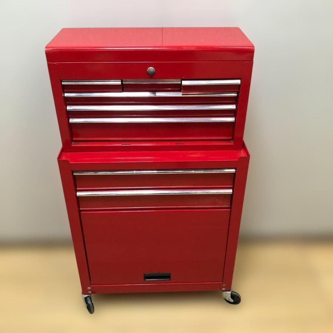 ツールチェスト 工具箱 上下セット レッド キャビネット ツールワゴン ガレージ DIY 収納 引き出し付き 工具カートキャスター付き 250604-5-