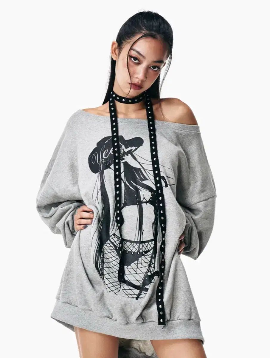 yeel カウガール プリント オフショルダー スウェット シャツ グレー