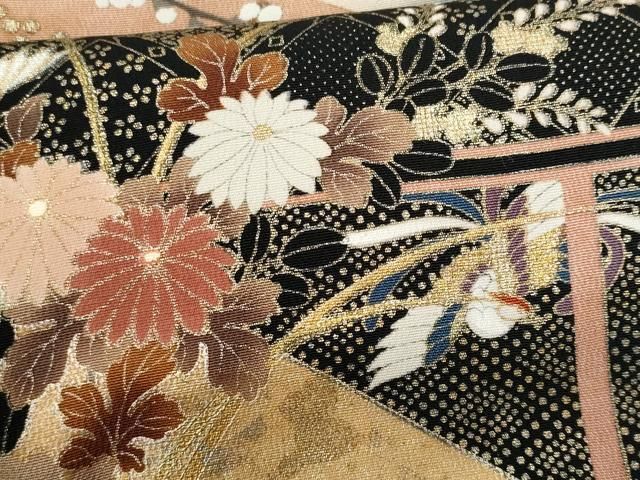 黒留袖 花柄 鶴模様 絹製 谷崎潤一郎の世界 帯 金 セット 平和屋着物□谷崎潤一郎の世界黒留袖 駒刺繍 鉾 暈し染め 正絹 逸品